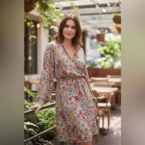 Vintage Pat Argenti 100 Silk Floral VNeck Midi Sleeved Dress Multicolor Size 12